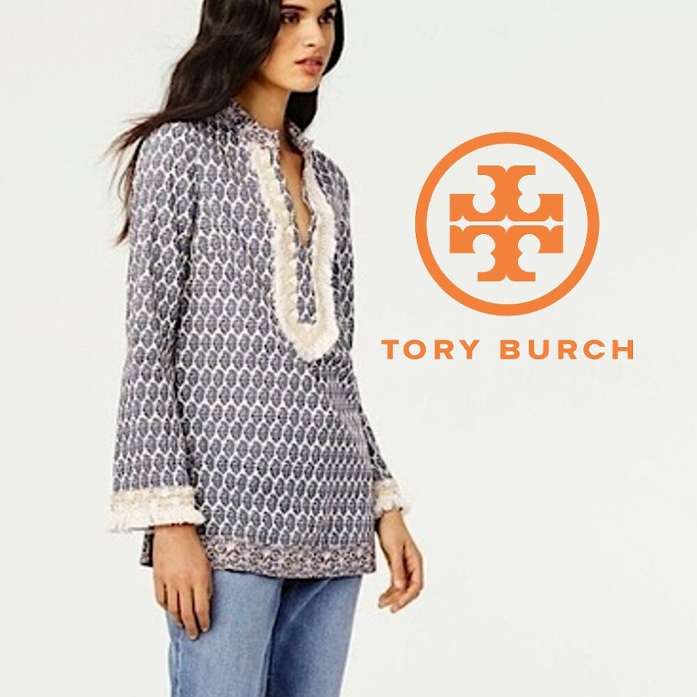 TORY BURCH Ellise Paisley Seashell Fringe Tunic Top